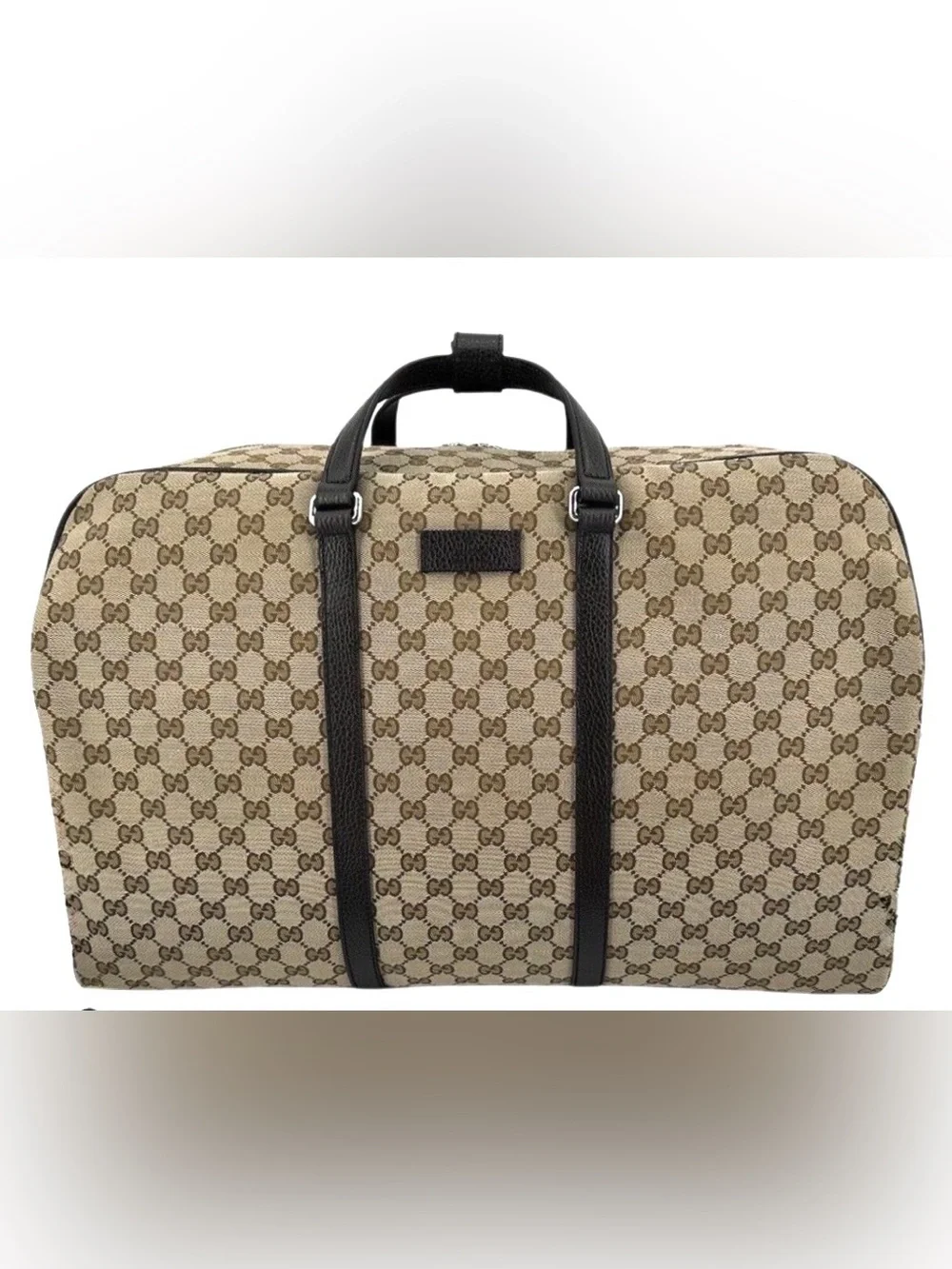 Authentic GUCCI Large GG Logo Beige Canvas Brown Leather Carry on Duffle Bag